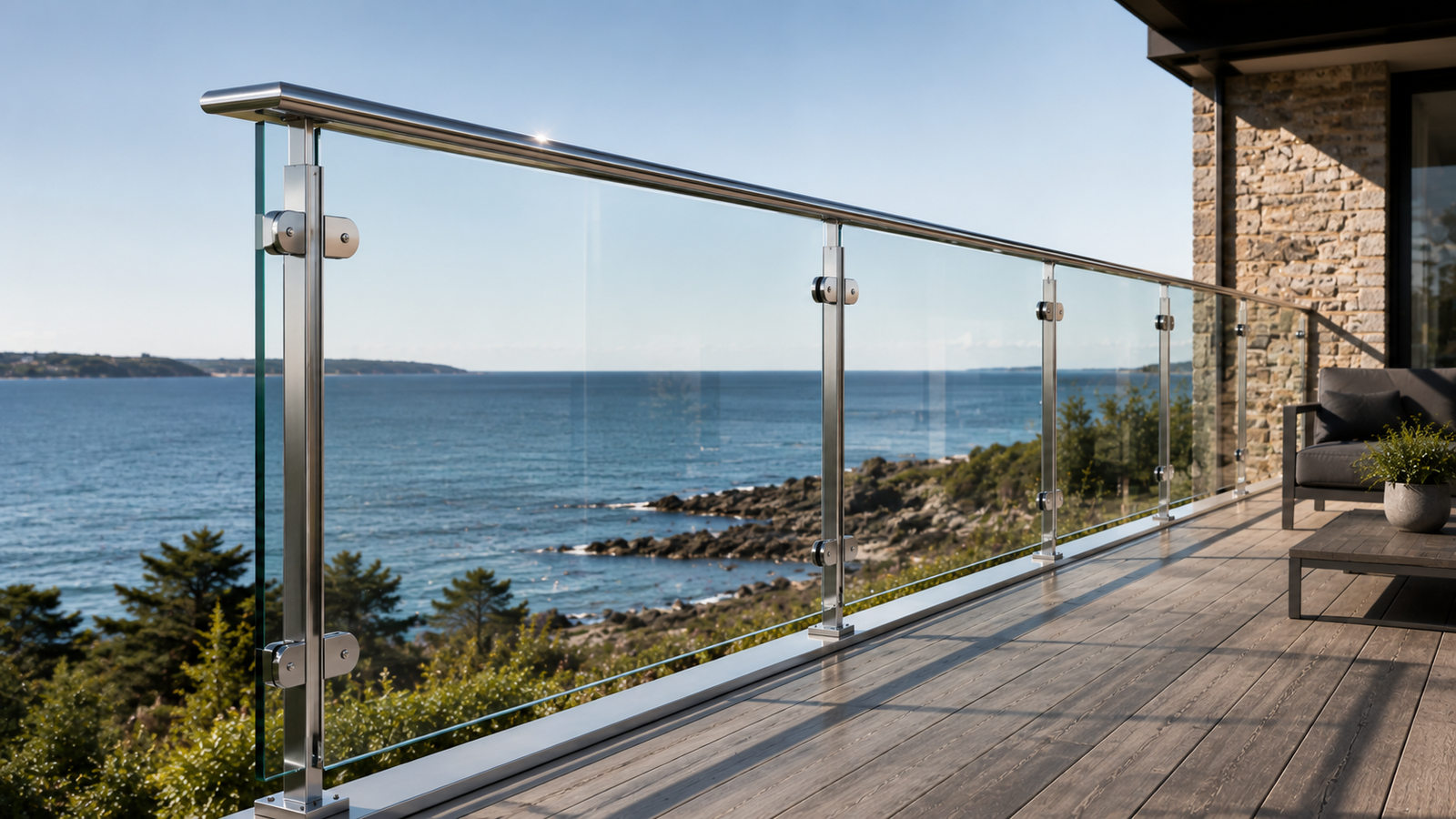 Garde-corps en verre feuilleté avec structure inox sur une terrasse
