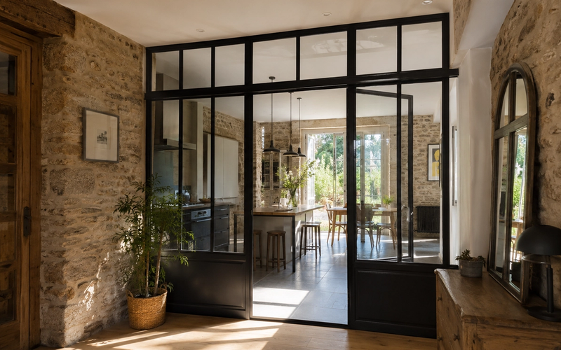 Verrière atelier en acier noir avec vitrage feuilleté, installée dans une maison ancienne en pierre à Rennes, lumière naturelle traversante