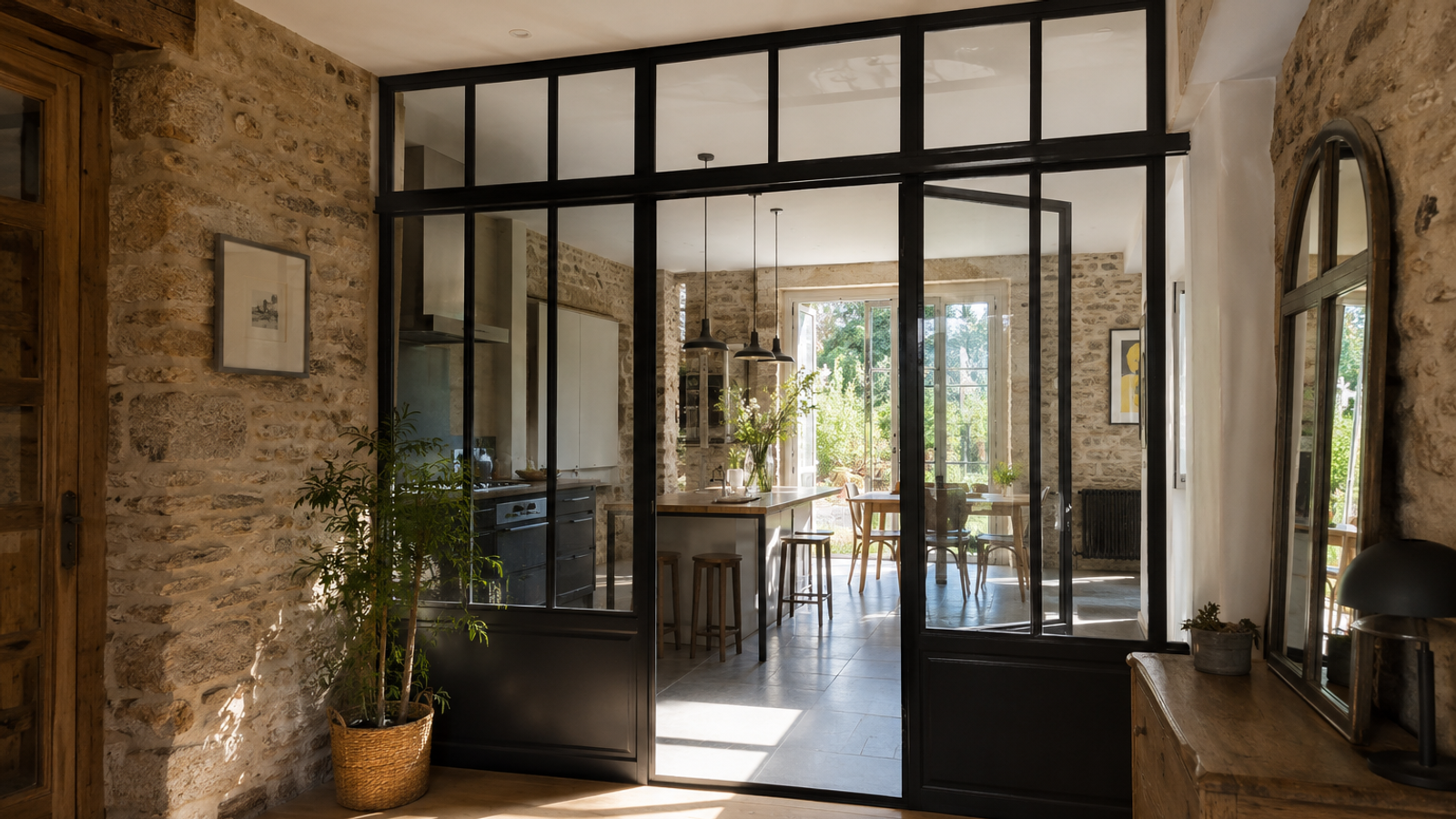 Verrière atelier en acier noir avec vitrage feuilleté, installée dans une maison ancienne en pierre à Rennes, lumière naturelle traversante