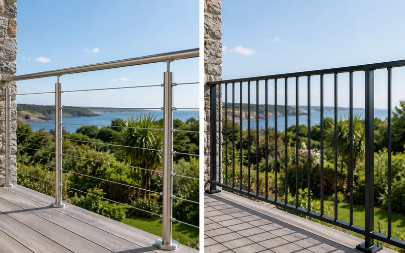 Garde-corps inox et acier comparés sur une terrasse en Bretagne