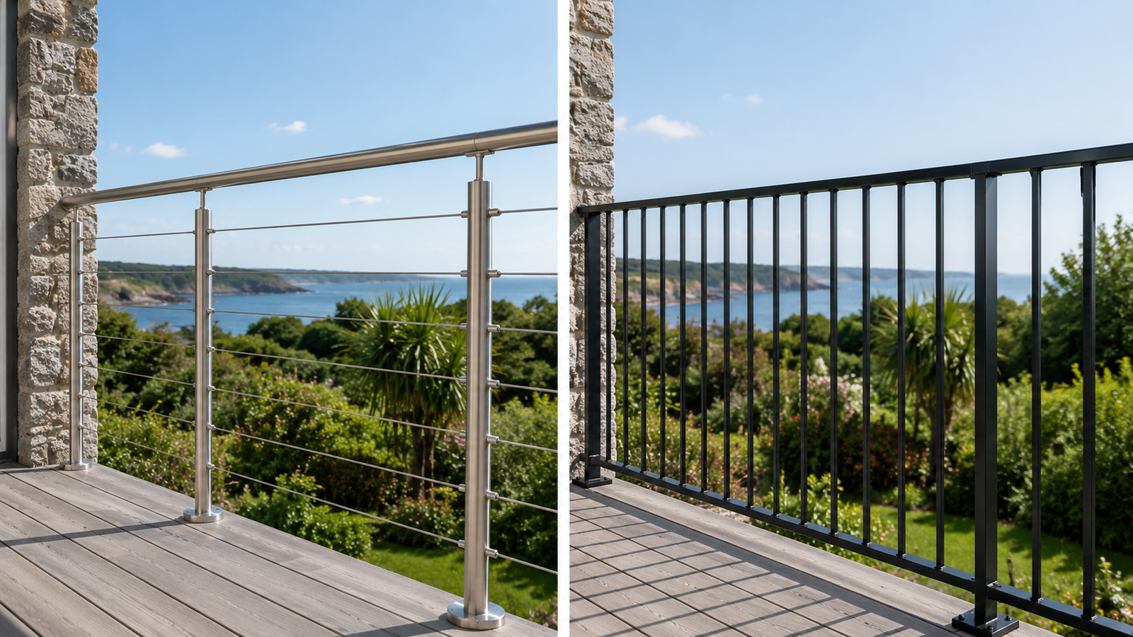 Garde-corps inox et acier comparés sur une terrasse en Bretagne