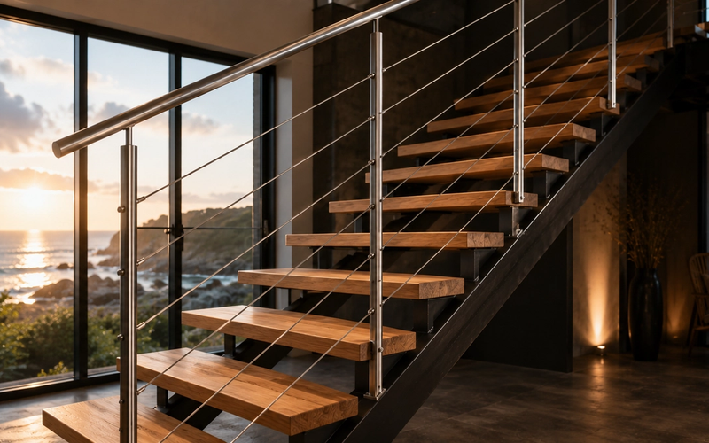 Garde-corps moderne en inox à câbles sur un escalier design