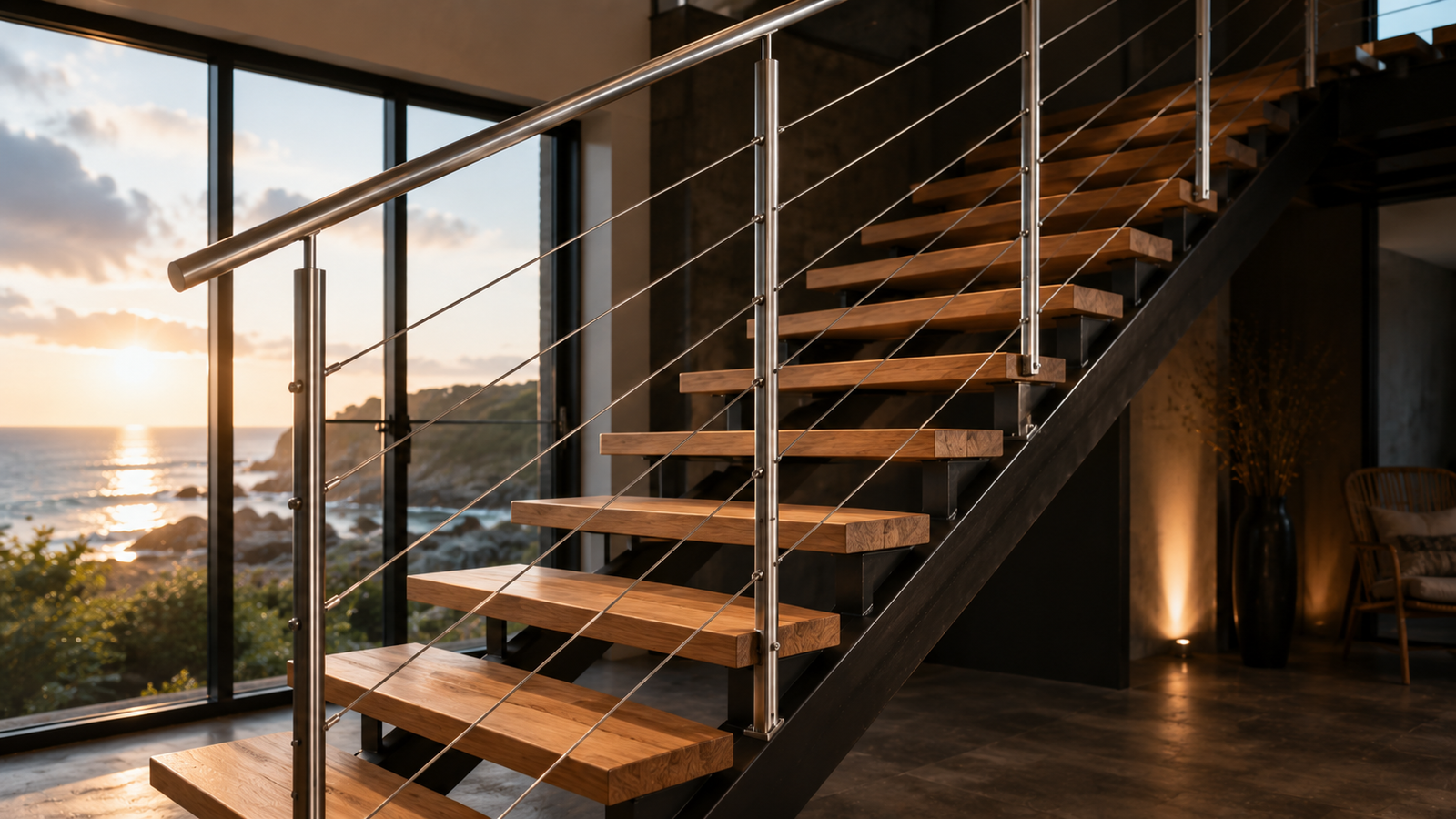 Garde-corps moderne en inox à câbles sur un escalier design