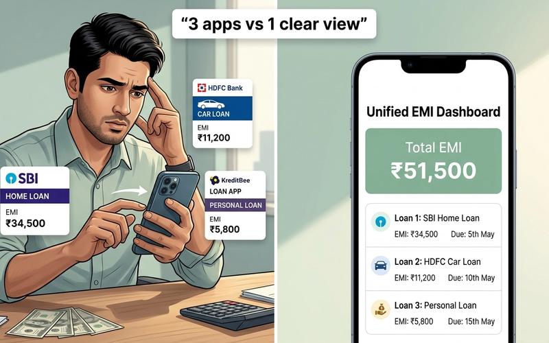 EMI tracker app showing home loan, car loan, and personal loan in one view — Kedil