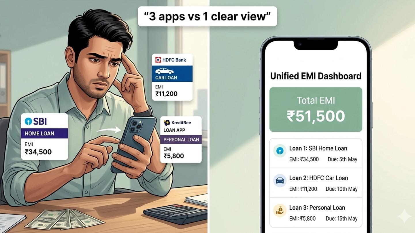 EMI tracker app showing home loan, car loan, and personal loan in one view — Kedil