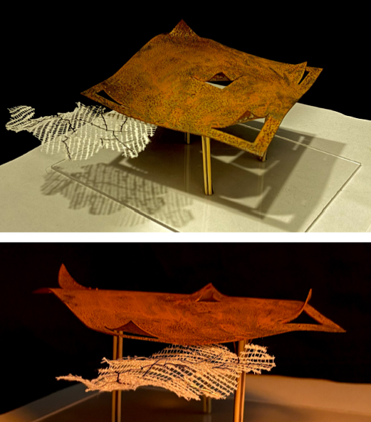 Two lit photographs of the corten canopy roof model, casting a lattice shadow across its base.