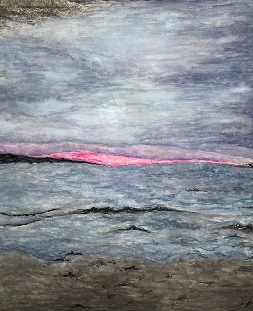 Abstract painting of a northern seaside evening, pink and purple sky with dark sand and rocks