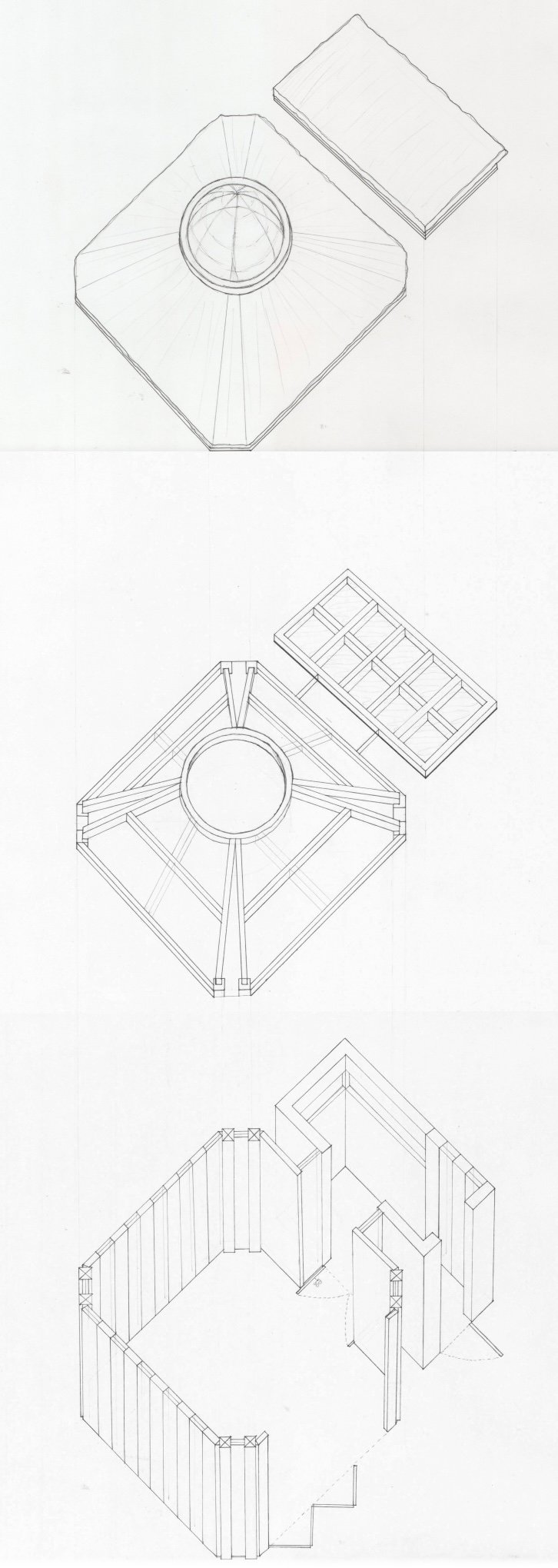 Three exploded axonometric drawings of the pavilion: the roof and its oculus, the timber frame beneath it, and the walls below that.