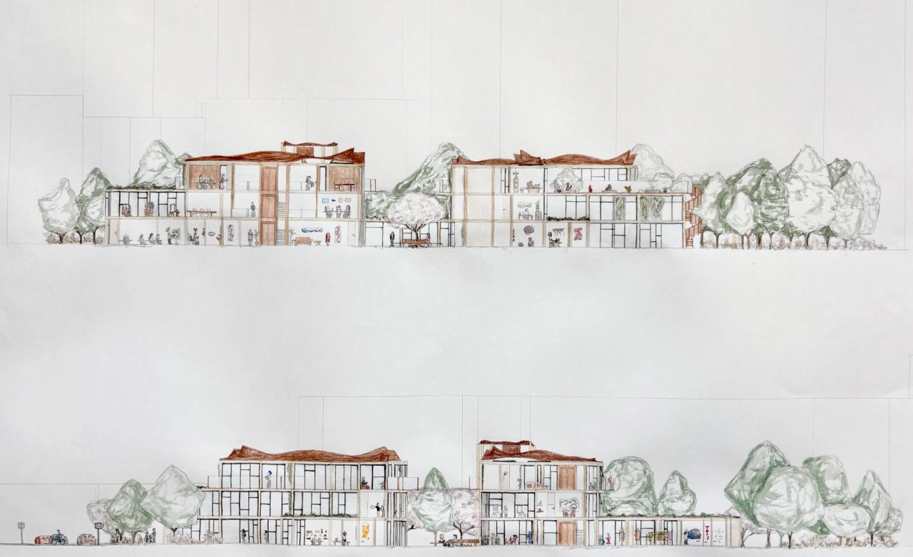 Two hand-drawn and watercoloured long sections through the campus, showing the corten roof, planted terraces and people at work on every floor.