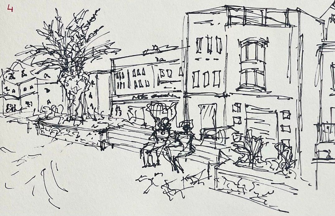 Fineliner street scene with a bay-windowed building, a bare tree and people sitting at pavement tables.