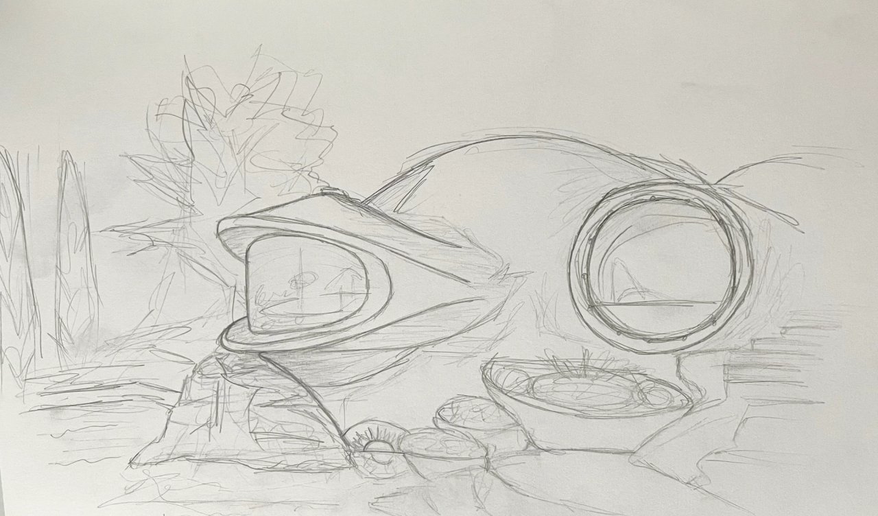 Pencil sketch of two pod-shaped dwellings with round windows, set into a rocky, planted landscape.