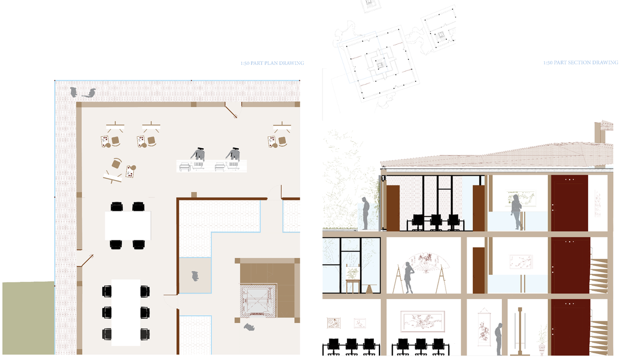 Part plan and part section at 1:50 through a studio wing, with furniture layouts and three storeys of teaching space.