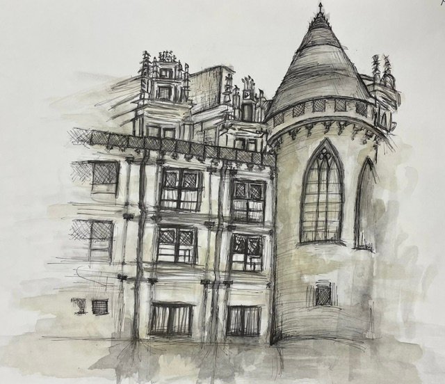 A water colour painting with layered pen close up of a gothic French castle, it appears to be fading into the page 