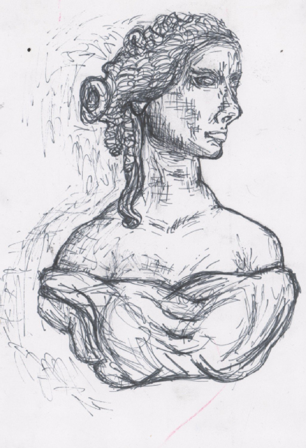 A fine liner cross hatched sketch of a Roman sculpted lady looking away, with hair loosely done, wearing an off the shoulder garment 