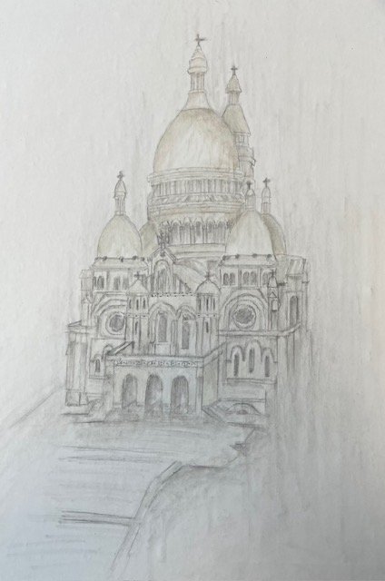 Pencil and lightly water-coloured drawings of a dome tiered palace