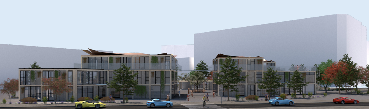Render of the campus from the street: glazed facades, timber shading, planted balconies and a folded corten roof above the top floor.