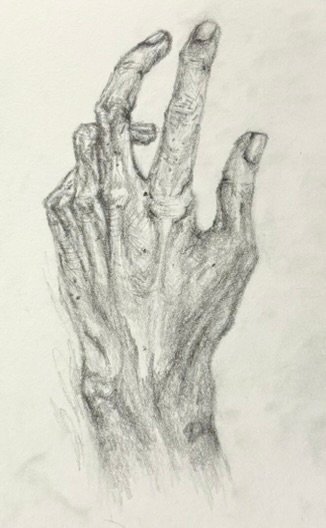 A graphite drawing of the artists hand