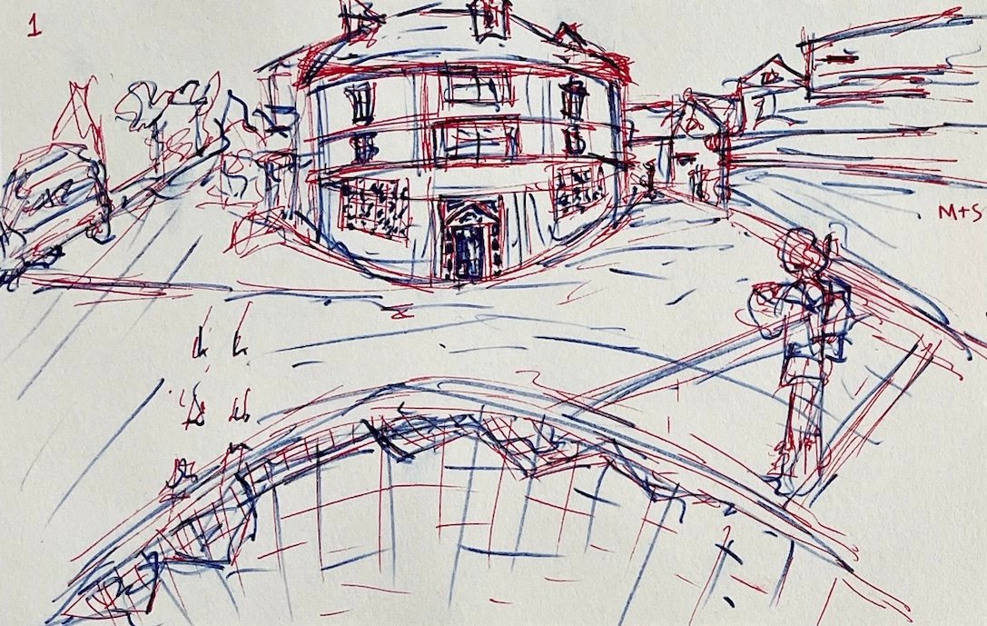 Red and blue ballpoint sketch of a curved corner building above a bridge, with a figure walking past.