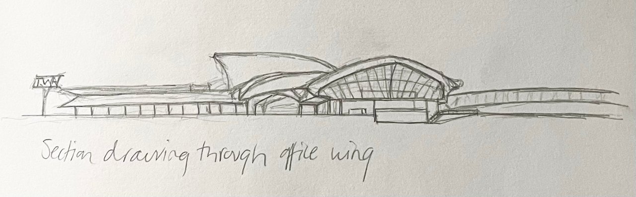 Pencil section through the TWA Flight Center, its winged shell roof spreading over the low office wing.