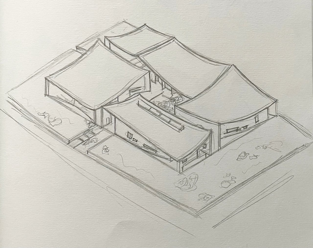 Pencil axonometric of a low building with three overlapping curved roof plates above an open courtyard.