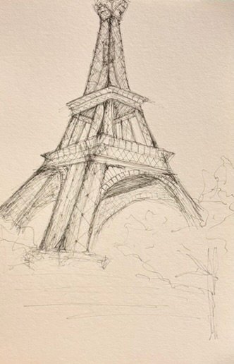 Fine ink sketch of the base of the Eiffel Tower, looking up through its lattice arches.