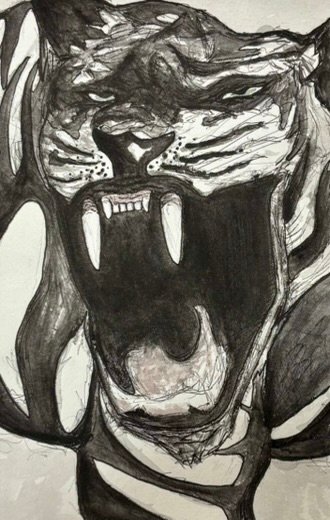 A watercolour painting with layered pen of an abstract tiger roaring towards the viewer