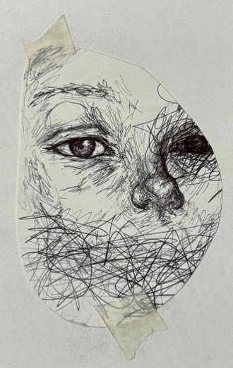 Ballpoint study of half a face: the eye and nose finely worked, the rest dissolving into scribble.