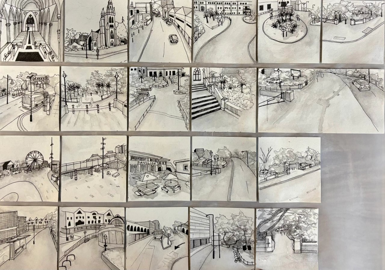 Sheet of small ink and wash townscape studies recording the streets, steps and landmarks around the site.