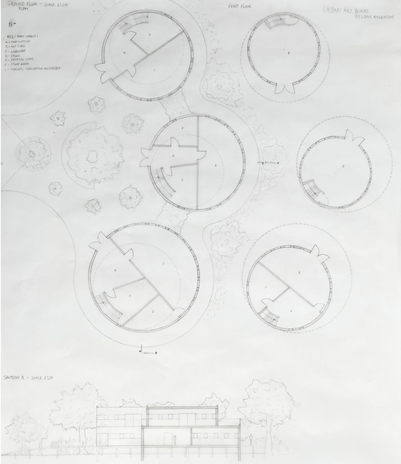 Pencil ground and first floor plans of five circular buildings set among trees, with a room key and a long section beneath.