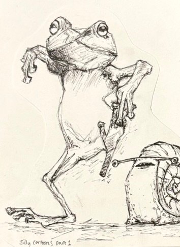 Fine liner sketch of a martial arts frog with his mesmerised snail friend