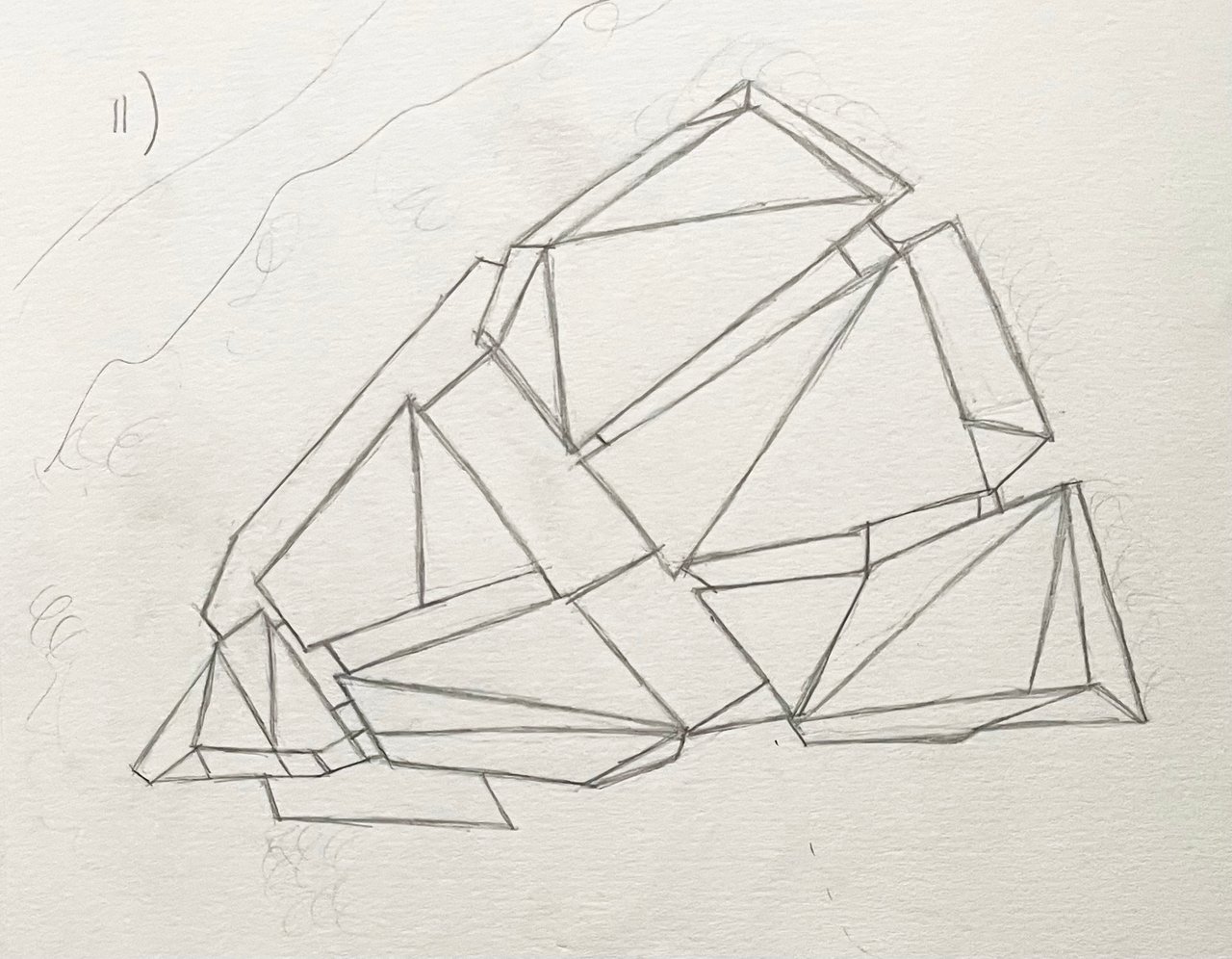 Pencil study of a faceted mass built from intersecting triangular planes.