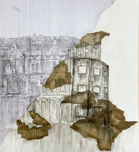 A layered mixed media painting of an abandoned hotel, exaggerating the disaster of abandoning buildings, with layered damp cardboard and metal wire