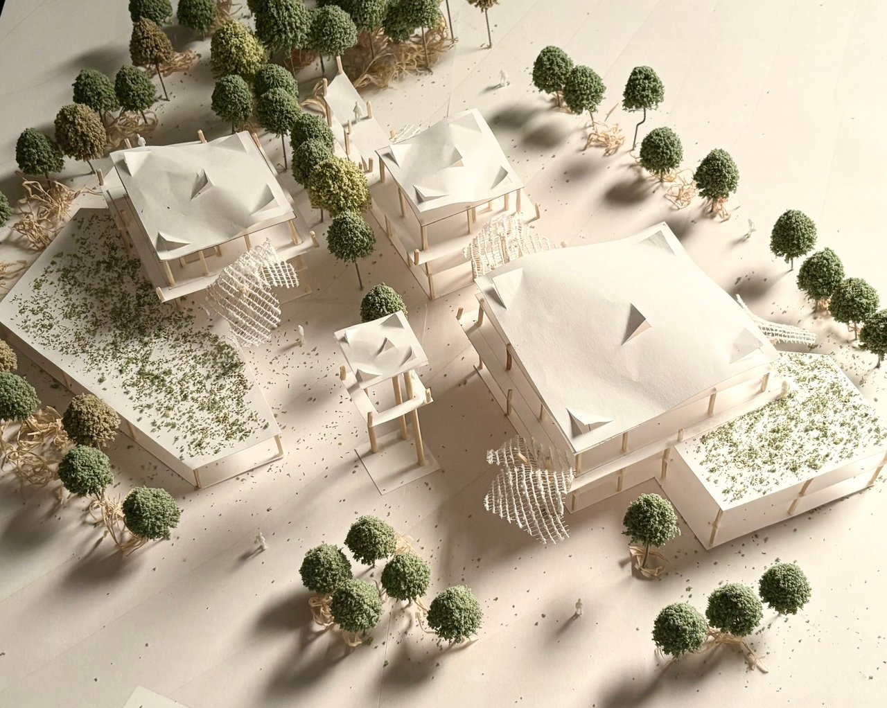 Aerial photograph of the white card site model, with canopy roofs, lattice walkways and model trees.