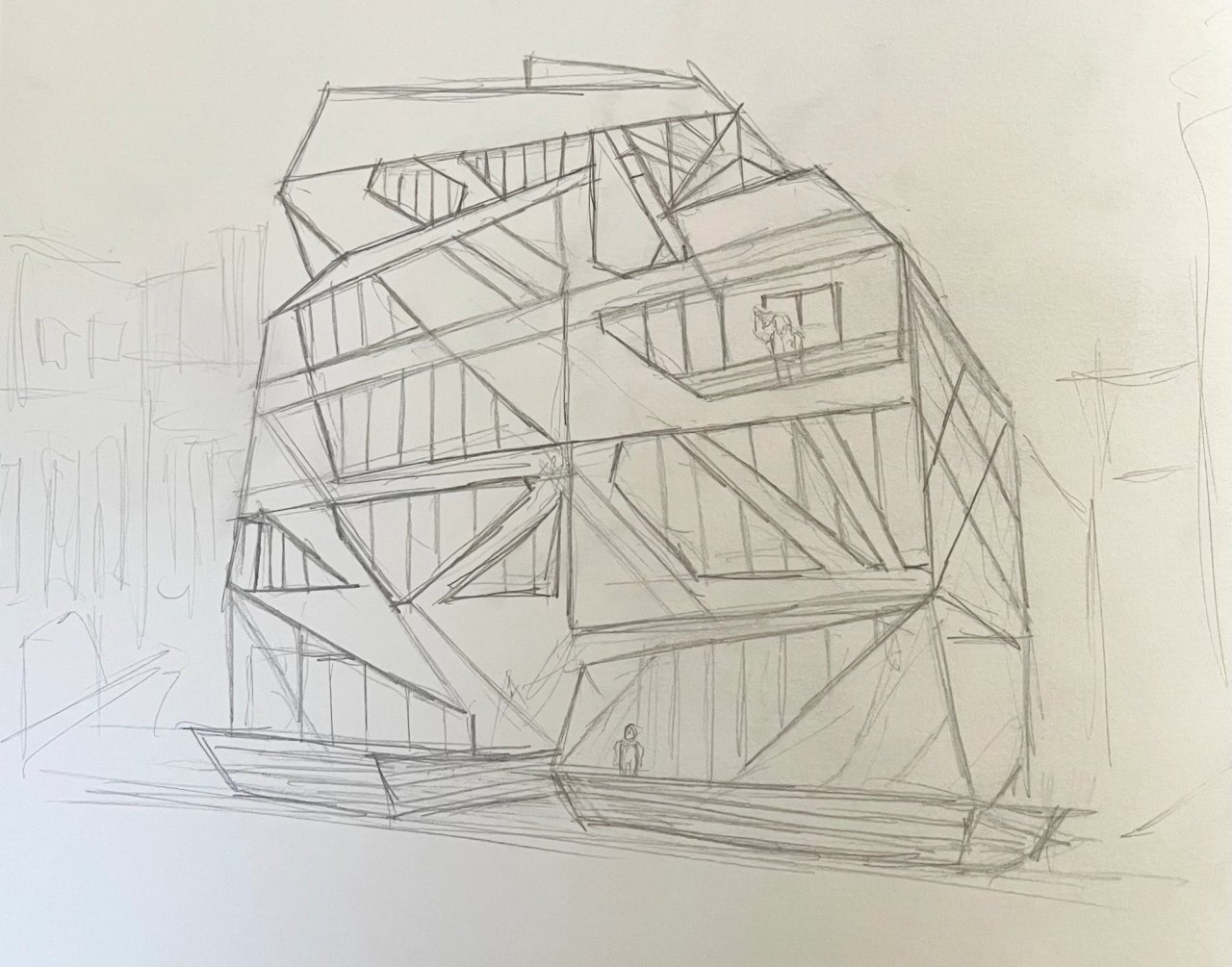 Pencil perspective of an angular, faceted building, its glazed floors cut across by diagonal bracing.