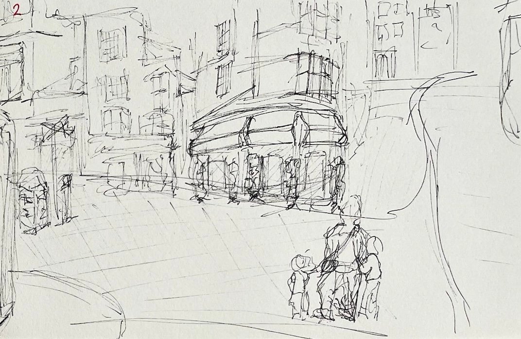 Fineliner street corner with a curved pub on the corner and a family crossing the paving.
