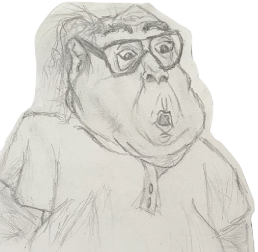 a pencil sketch of a shocked old man, with minimal hair, glasses, chins and beer belly