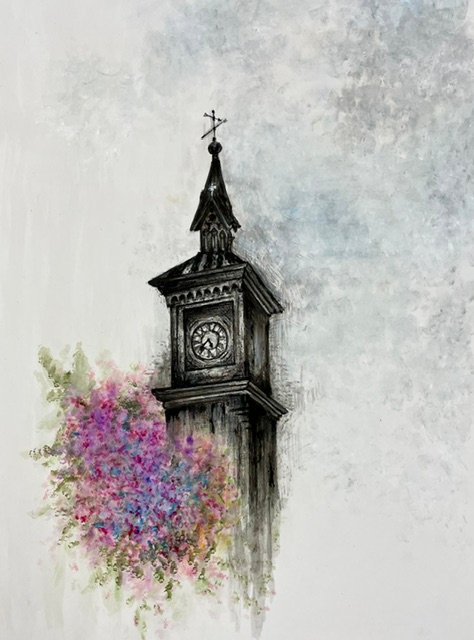Acrylic painting of a clock tower wrapped by spring flowers with a cloudy atmosphere