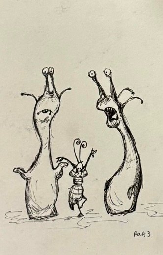 Fine liner cartoon sketch of two standing shocked and confused slugs either side of a dancing beetle.