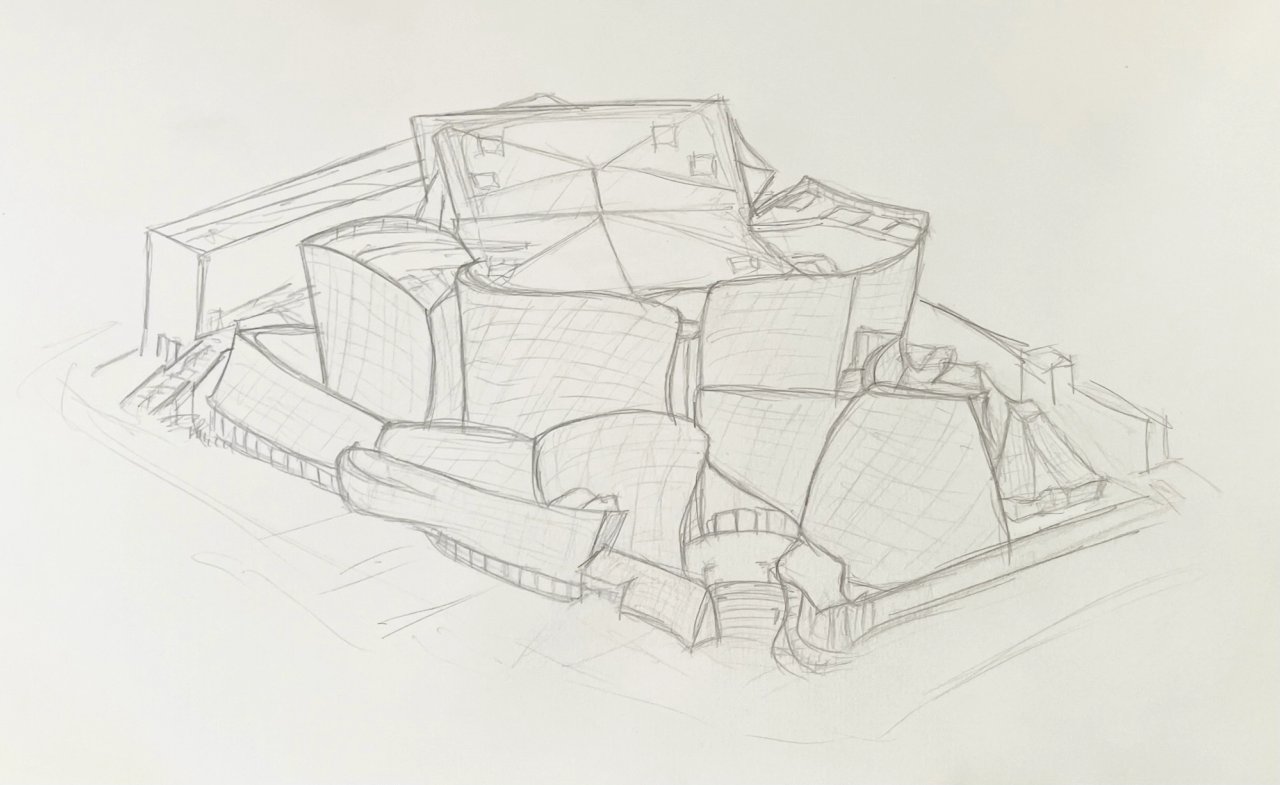 Pencil study of the Walt Disney Concert Hall, its overlapping titanium volumes curve into eachother.