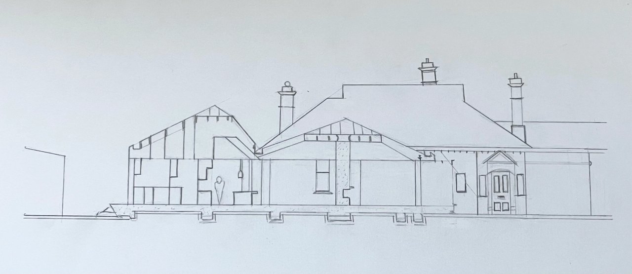 Pencil section of a house with tall chimneys and a small porched entrance.
