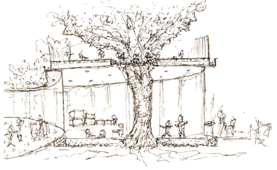 Sepia ink elevation showing a tree growing up through the roof deck, with children playing below and above.