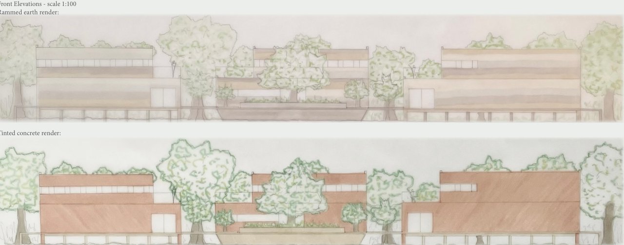 Two coloured front elevations at 1:100, comparing a rammed earth finish with tinted concrete.
