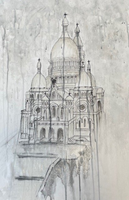 Medium layered painting of a dome tiered palace in a dull rainy setting, it appears as though the rain is melting away the palace