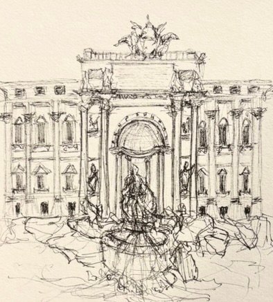Fineliner sketch of the Trevi Fountain in Rome, with its columns, statues and cascading basins.