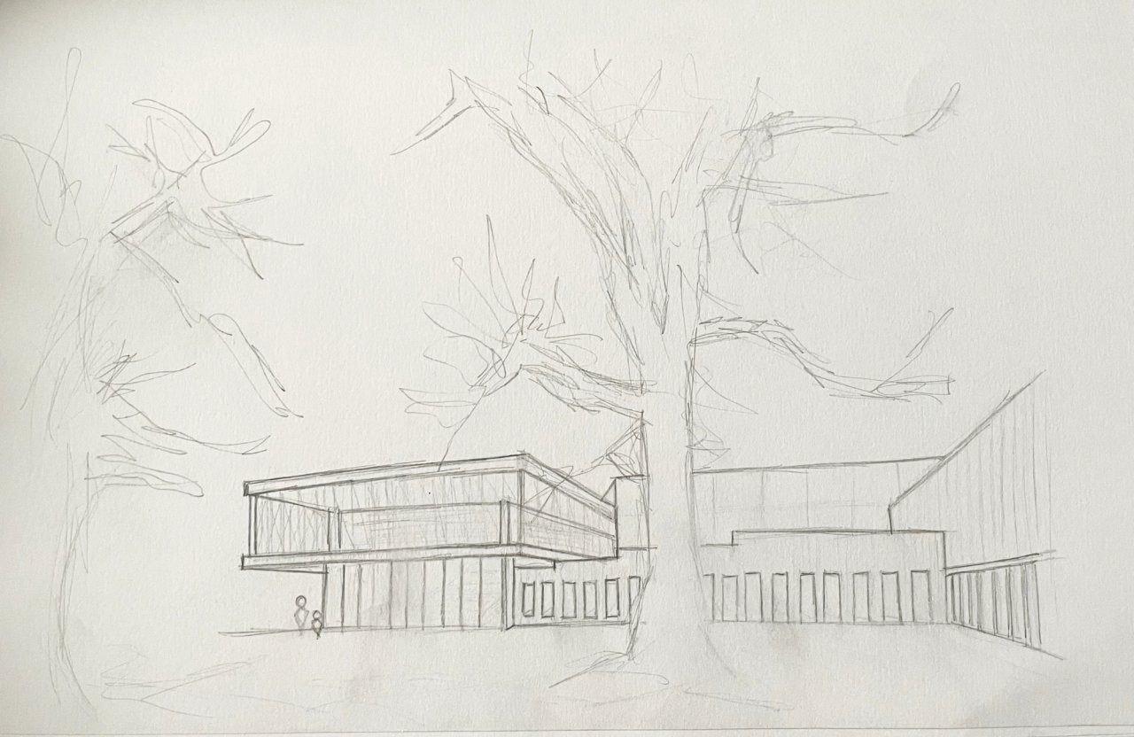 Pencil sketch of a glazed modernist pavilion seen behind a large bare tree.