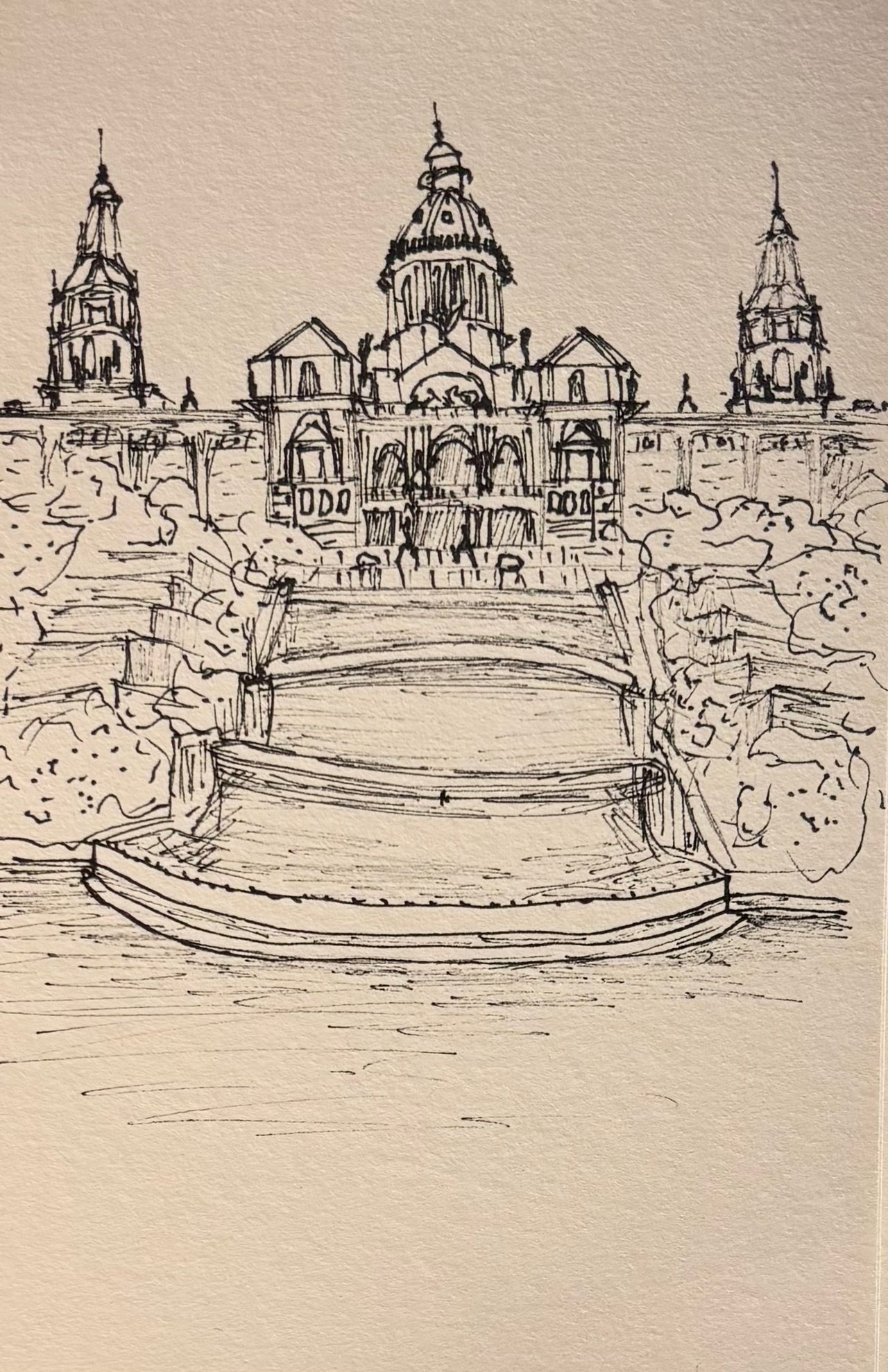 Ink sketch of the MNAC in Barcelona, with its domes and towers above the terraced steps and pool.