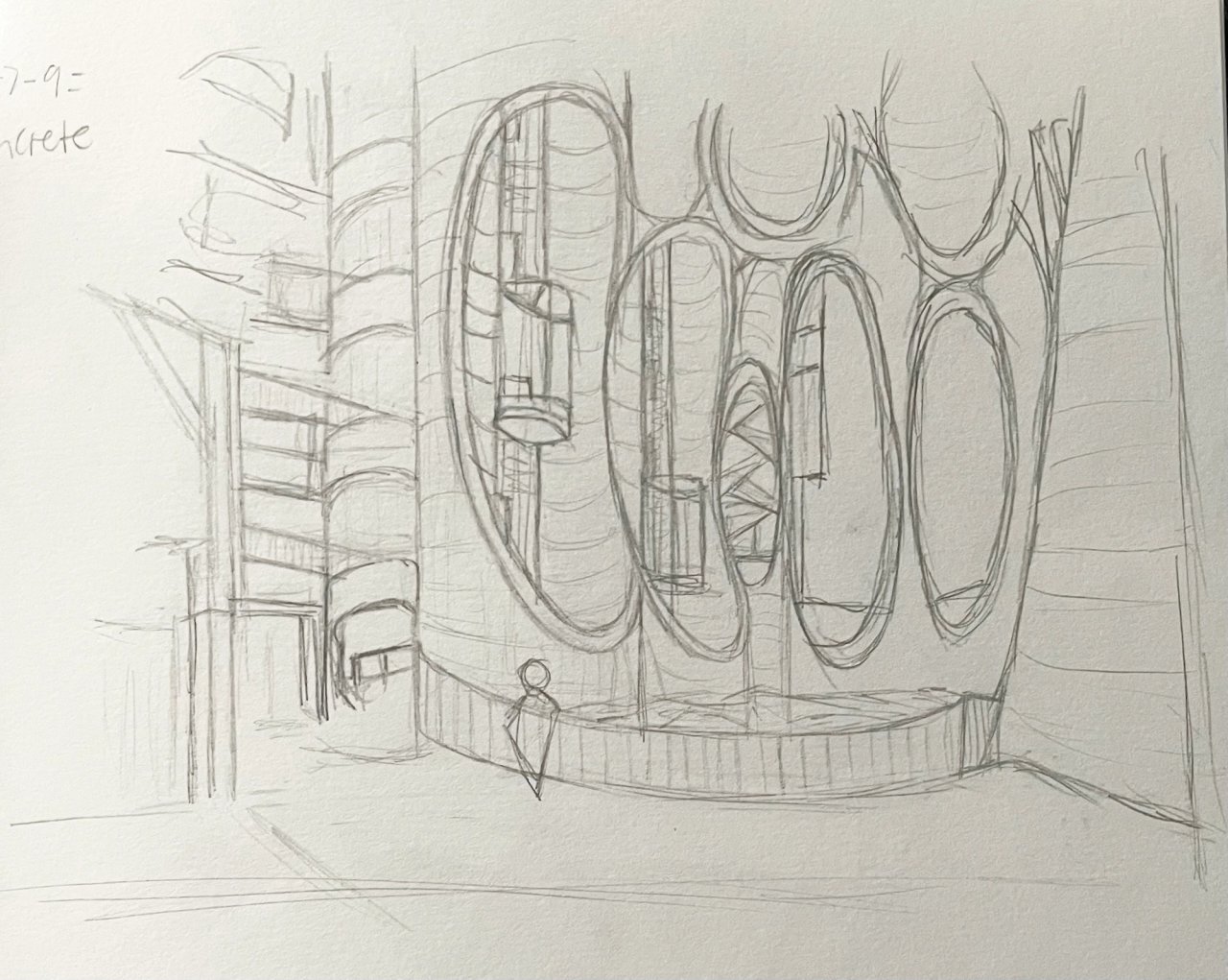 Pencil interior of a concrete atrium with tall oval openings and a glazed lift capsule climbing one side.