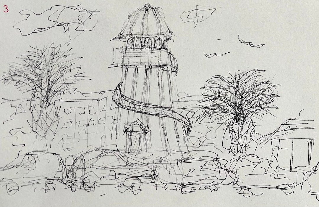 Fineliner sketch of a domed helter skelter at the seaside, framed by two scribbled trees and parked cars.