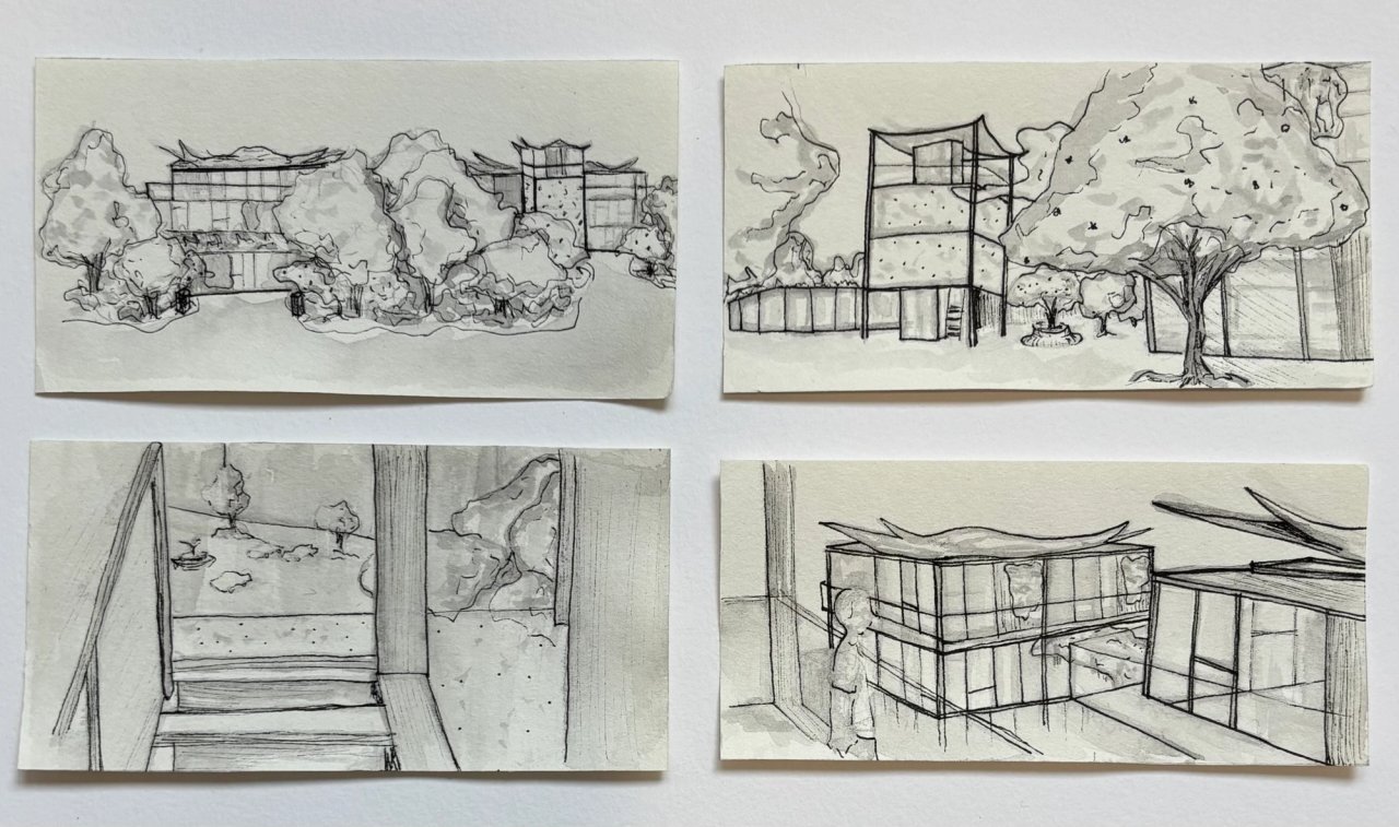 Four small ink and wash perspectives: the campus behind trees, a block under blossom, a view out from a terrace and a glazed corner.