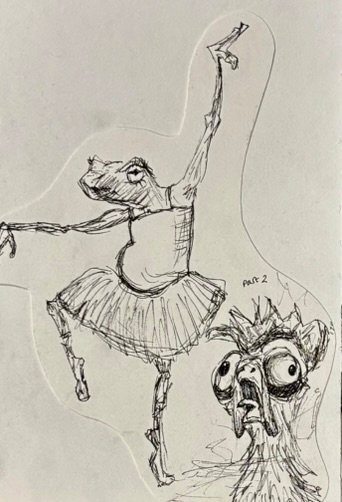 Fine liner cartoon sketch of a frog in a tutu striking a ballet pose, with a startled chicken beside it.